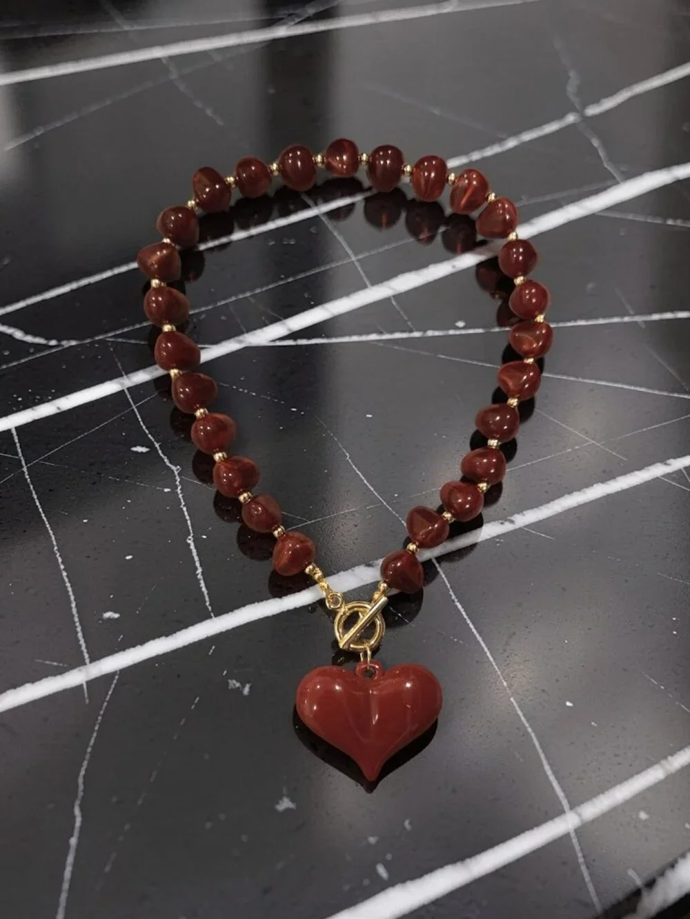 Juniors ~Puffed Heart Burgundy Necklace w gold hardware ~ New